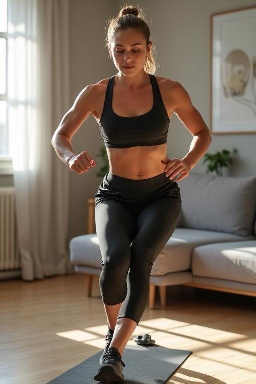 Image of a woman training at home. Theme includes 3 powerful exercises to do at home.