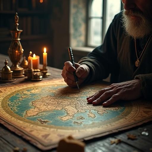 A close-up of ancient cartographer's hands inking a fantastical world map. Dark oak table with a map showing mythical beasts. Surrounded by astrolabes and flickering candles. Dramatic chiaroscuro lighting from moonlight through a grimy window. Profound discovery theme with shallow depth of field.