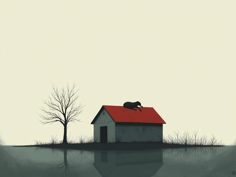 A melancholic artwork depicting a dog lying asleep on the roof of a small, weathered house. The house has a red roof with bare, graphic branches nearby, set against a muted landscape with still water and an overcast sky.