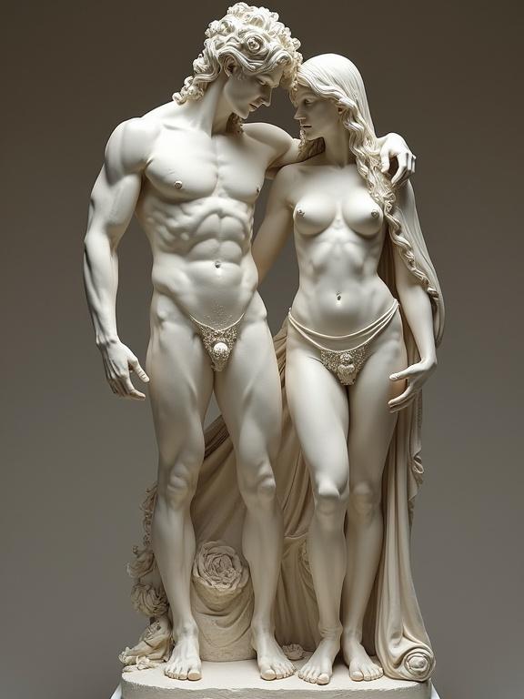 Sculptures of two human figures. The male figure with a muscular form. The female figure beside him. Both figures lightly adorned with jewelry. The composition exhibits a tender embrace between the two sculptures. The material is smooth and finely crafted. Elegant styling captures aesthetic beauty and emotional connection.