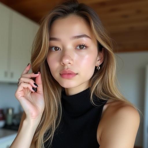 Close-up shot of a young woman looking at the camera. Long wavy light brown hair with golden highlights. Left hand touching hair at left temple. Black painted fingernails. Wearing sleeveless black ribbed top with cutout design. Natural pink lips and black eyeliner. Small silver earring with gem in right ear. Softly blurred indoor background with kitchen counter and wooden ceiling.