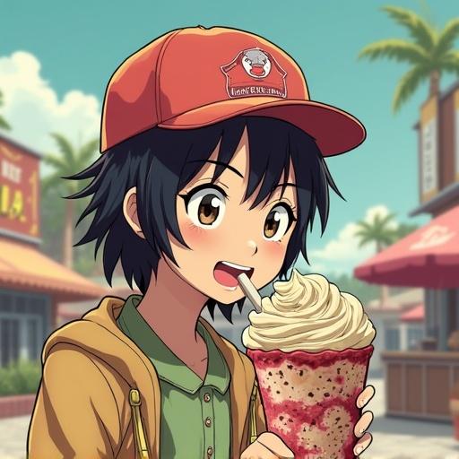 Young girl enjoying ice cream in a sunny setting. She wears a cap and a casual hoodie. The ice cream is large with whipped cream on top. A cheerful expression on her face. Background includes shops and palm trees.
