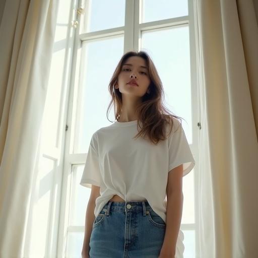 Low angle shot of a young woman in front of a tall window. Wearing a white T-shirt and blue jeans. She has loose hair and minimal makeup. Serene expression in soft daylight.
