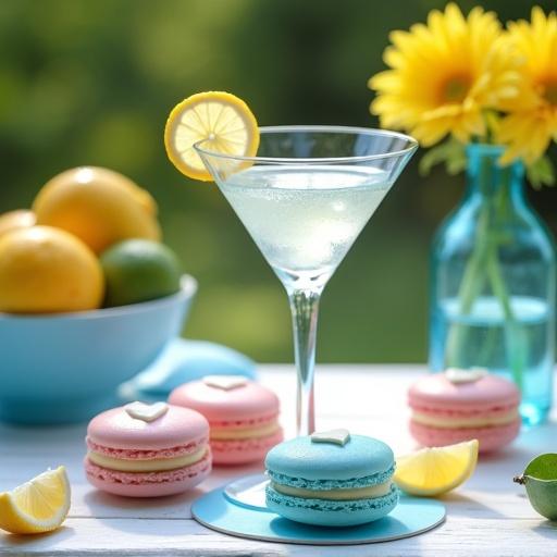 Sharp 4K image featuring pastel pink macarons with heart decorations around a clear martini glass with cocktail and fresh lemon slices. Blue macarons on a light blue coaster. Bowl of lemons and limes with leaves in a bright setting. Glass vase with daisy flowers and freesia in an airy patio. Sunlight filtering through leaves suggesting relaxation.