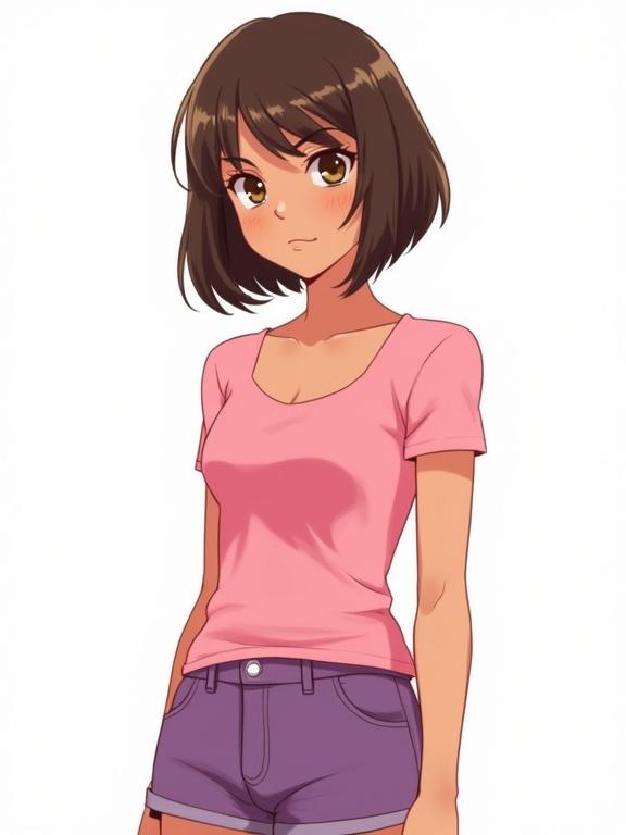 A teenage girl stands against a white background. She wears a pink top and purple shorts. The girl has brown bob hair and brown eyes with freckles. The artistic style resembles pinup and comix art, emphasizing high quality and resolution.