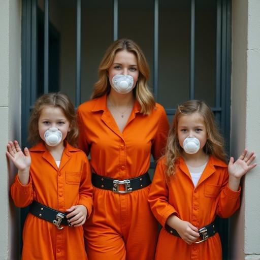 A playful mother stands with two children wearing orange jail jumpsuits and oversized pacifiers. The children wave goodbye as they prepare to enter a jail cell. They all display a cheerful demeanor.