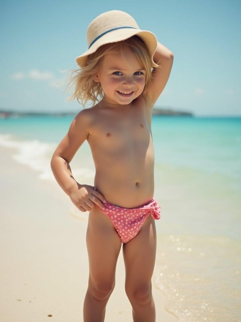 Child enjoying a sunny day on the beach. The scene features soft white sand and clear blue water. A sunhat is worn by the child. Bright sunlight creates a warm atmosphere.