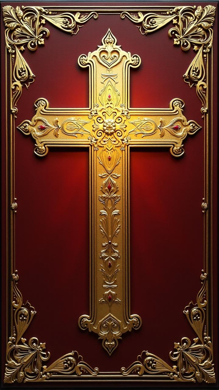 This image features a beautifully ornate golden cross set against a rich burgundy background. The cross is intricately designed with floral patterns, embellished with red jewel-like accents, and surrounded by a decorative border that complements its luxurious appearance. The intricate details and the opulent use of gold make it a striking and artistic representation.