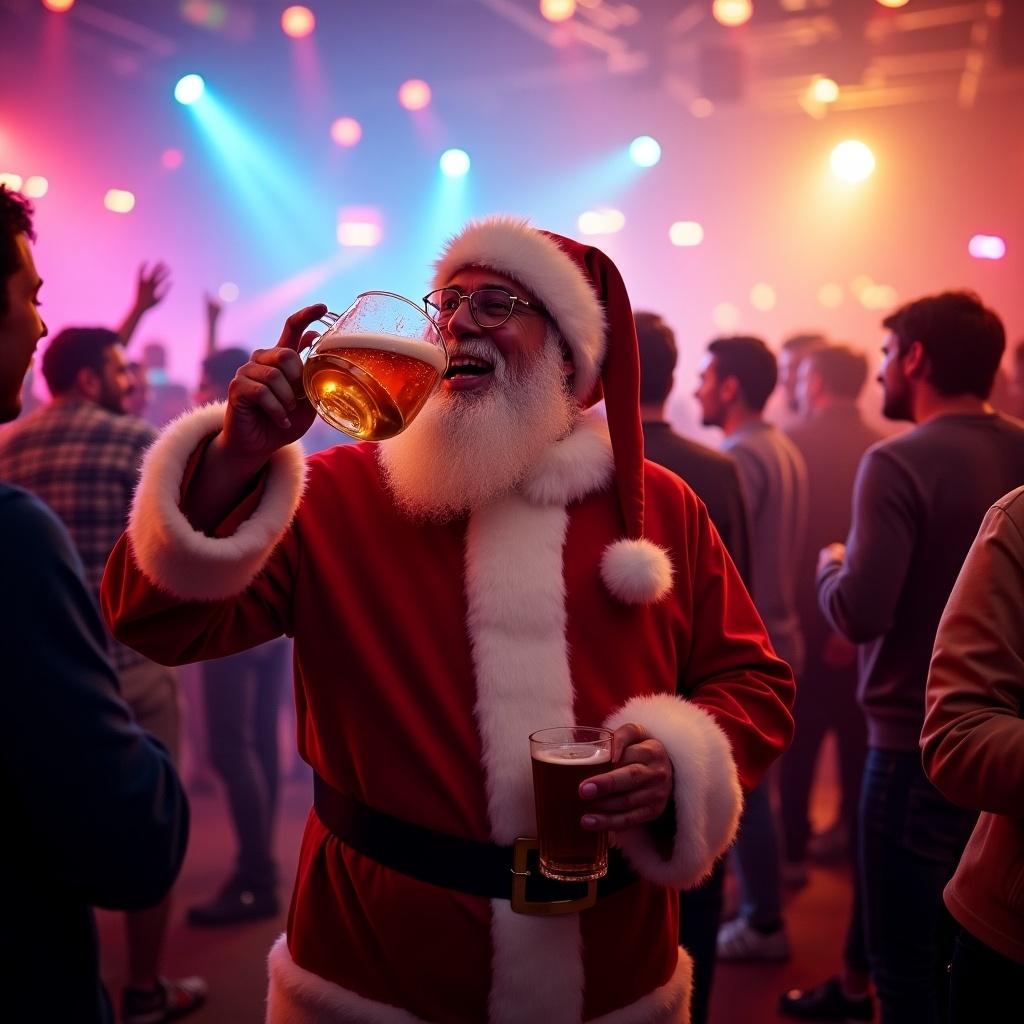 Santa Claus figure laughing and drinking beer in a lively party with colorful lights and festive atmosphere.