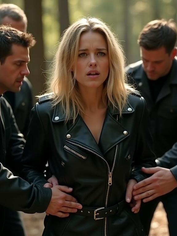 A young woman appears in a forest setting. She has light skin and blond hair. She wears a black leather belted biker coat. Her body language shows distress. Several men surround and hold her. Their body language expresses anger. The lighting highlights her fearful expression. The scene is tense and confrontational. The image conveys a story of struggle and fear.