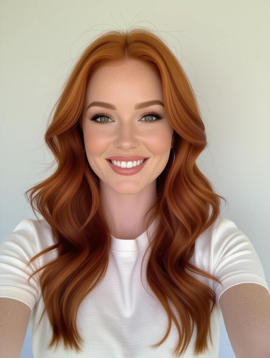 A woman with ginger hair smiling directly at the camera. She wears a white shirt and has a confident expression. The background is neutral. Her hair is wavy and voluminous. This selfie is meant for Instagram.
