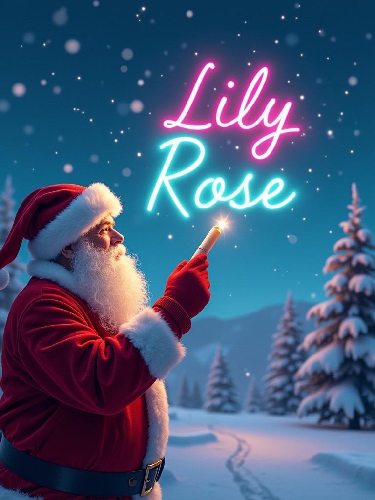 Santa Claus writes the name Lily Rose in colorful glow in the sky using a glow pen. Nighttime Christmas scene with snow-covered trees and mountains.