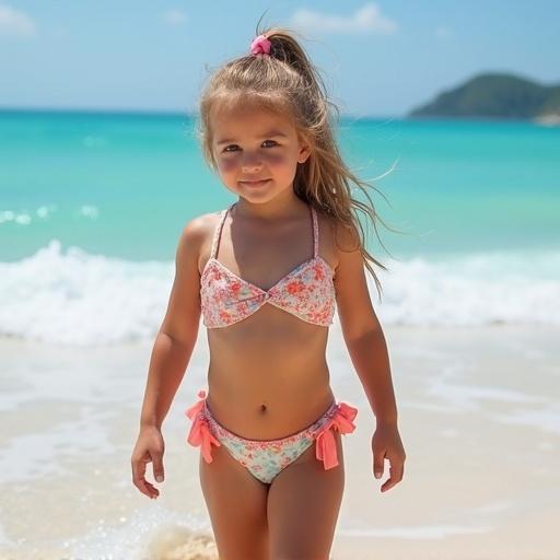Child wearing a colorful bikini walking along the sandy beach near the ocean. Bright sunny day and clear blue skies.