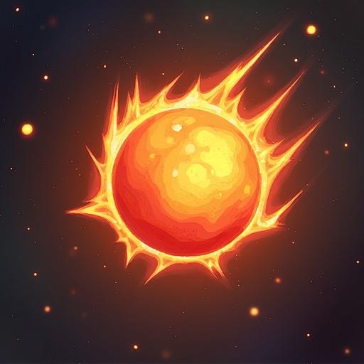 Colorful illustration of a fireball in space. The fireball looks like a bright sun surrounded by fiery spikes and glowing embers. The background shows a dark cosmic scene full of stars.
