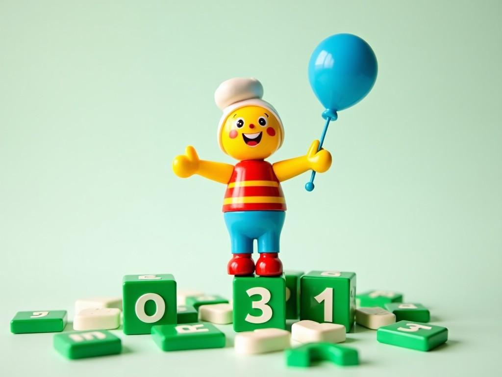 A cheerful toy figure stands triumphantly on a pile of green and white number blocks. The figure, wearing a striped shirt, is smiling broadly and holding a bright blue balloon in one hand. Scattered around are more colorful number blocks, adding a playful touch to the scene. The background is a soft, solid light green, enhancing the vibrancy of the colors. This image encapsulates the joy and innocence of childhood, making it appealing for educational and toy promotions.