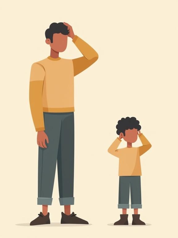 Adult and child putting a hand on their heads. Minimalist flat vector illustration. Faceless human characters with abstract body types. Simplified clothing in muted colors. Exaggerated silhouettes and playful postures.
