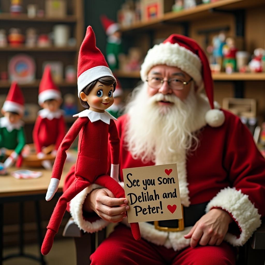 Elf on the shelf in red outfit holding sign. Sign says 'See you soon Delilah and Peter!' Santa Claus in toy workshop full of toys and elves working.