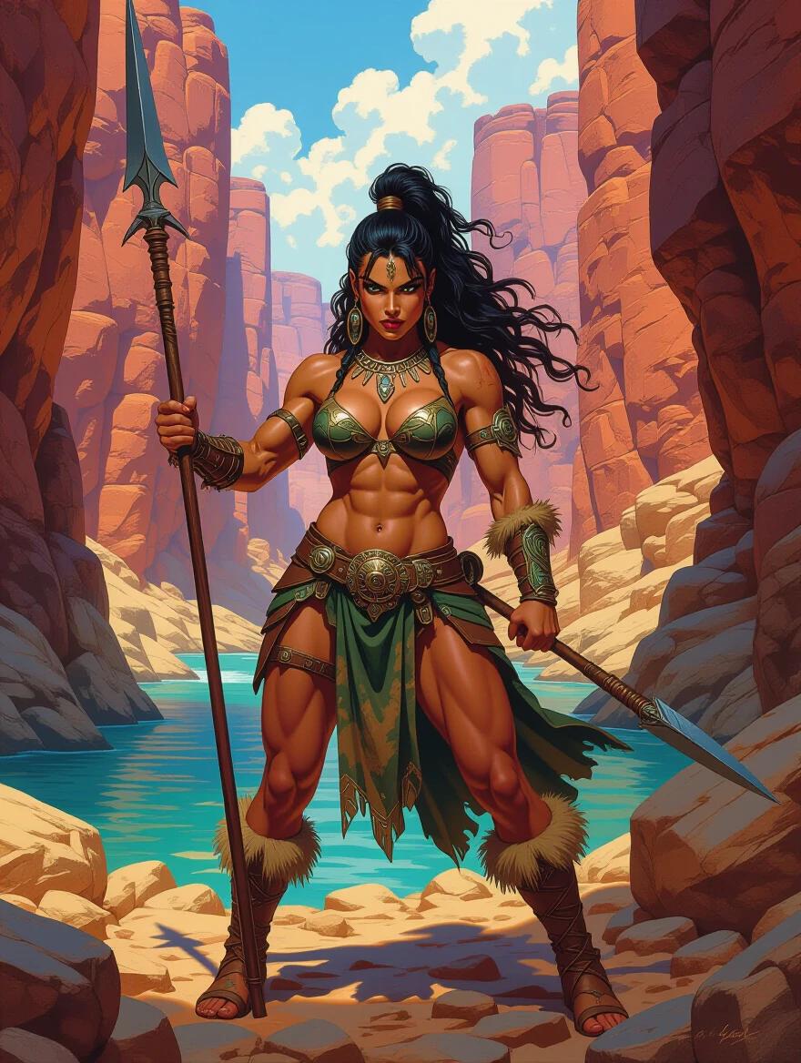 A muscular barbarian woman stands in a rocky canyon. She holds a spear and poses heroically. The setting consists of steep cliffs and a river. The image showcases vibrant colors and intense details.