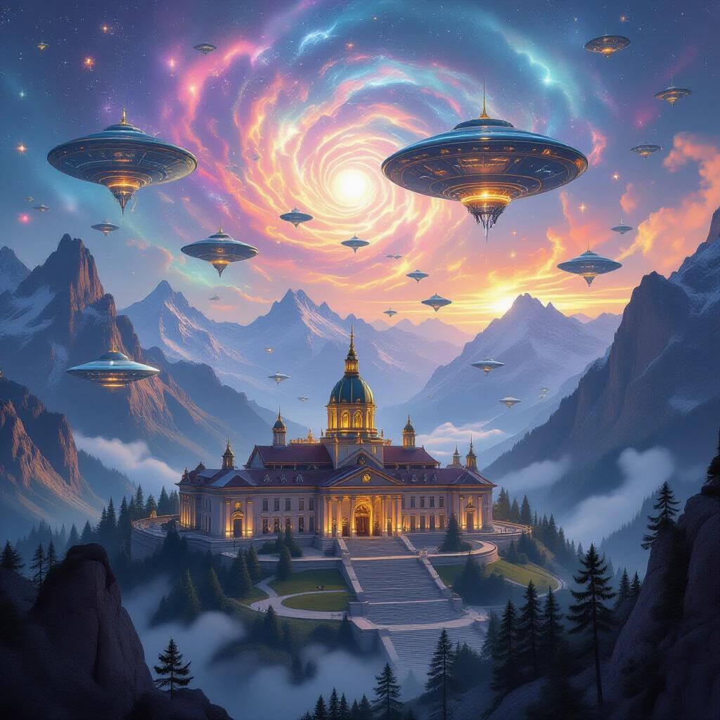Close drone shot of a capital city town hall of a mystical society located in mountains valleys surrounded by alien technology like blimps hot air balloons and flying saucer caravans engulfed in a magical nebula.