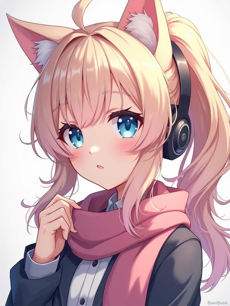 Anime character portrait with wavy platinum blonde hair tinted pink. Character has big blue eyes and porcelain skin. Cat ears on head. Dressed in scarf and headphones.