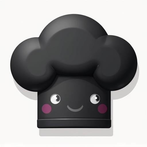 Web icon featuring a black chef hat in a flat design style inspired by Duolingo. The chef hat has a smiling face, designed for a playful yet professional look.
