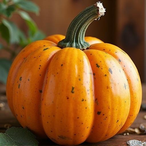 Orange pumpkin sitting on a wooden surface. The pumpkin is round with smooth skin. Green stem on top. Background is blurred with some greenery and wooden elements.