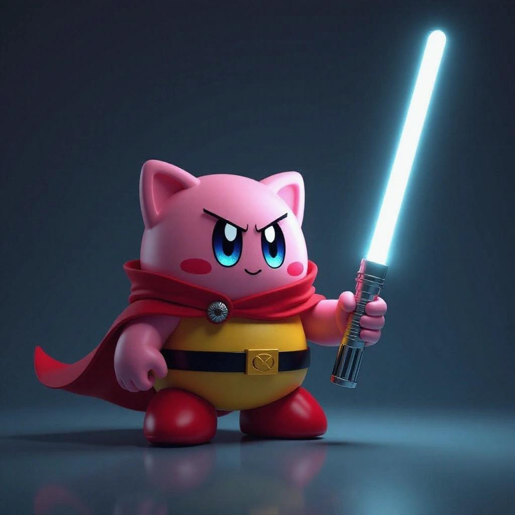 A character design of Kirby as an evil character. Kirby is holding a glowing lightsaber and wears a red cape. A playful yet determined expression is on his face. The scene is illuminated dramatically with soft lighting.
