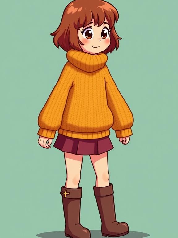 Character design of a girl in an oversized mustard sweater mini skirt and brown boots vibrant colors anime style.