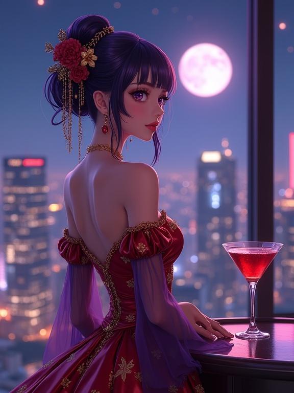 A breathtaking sexy woman stands gracefully in front of a large floor-to-ceiling window inside an upscale lounge. She has sharp expressive violet eyes and refined face. Rich violet hair styled in an intricate updo with golden floral ornaments. Wearing a luxurious off-shoulder shiny red gown with embroidered golden floral patterns. Purple sheer sleeves flare softly adding elegance. Long delicate earrings catch ambient light. A deep wine-red cocktail sits on the nearby bar counter. The city skyline glows at night with illuminated skyscrapers, and a full moon casts a romantic glow. The image features a semi-anime aesthetic with cinematic lighting and smooth textures.