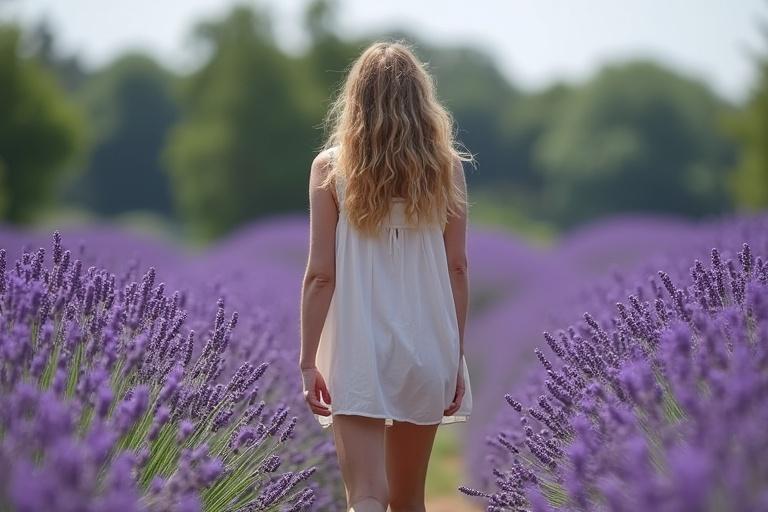 An adult woman walks in a large lavender garden. She has wavy hair that falls to her shoulders.