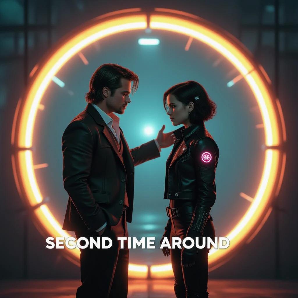 Movie poster featuring a time-travel romance concept. A man in 1920s attire and a woman in cyberpunk gear interact through a portal. Glowing circular portal rim lights up the scene with a surreal atmosphere.