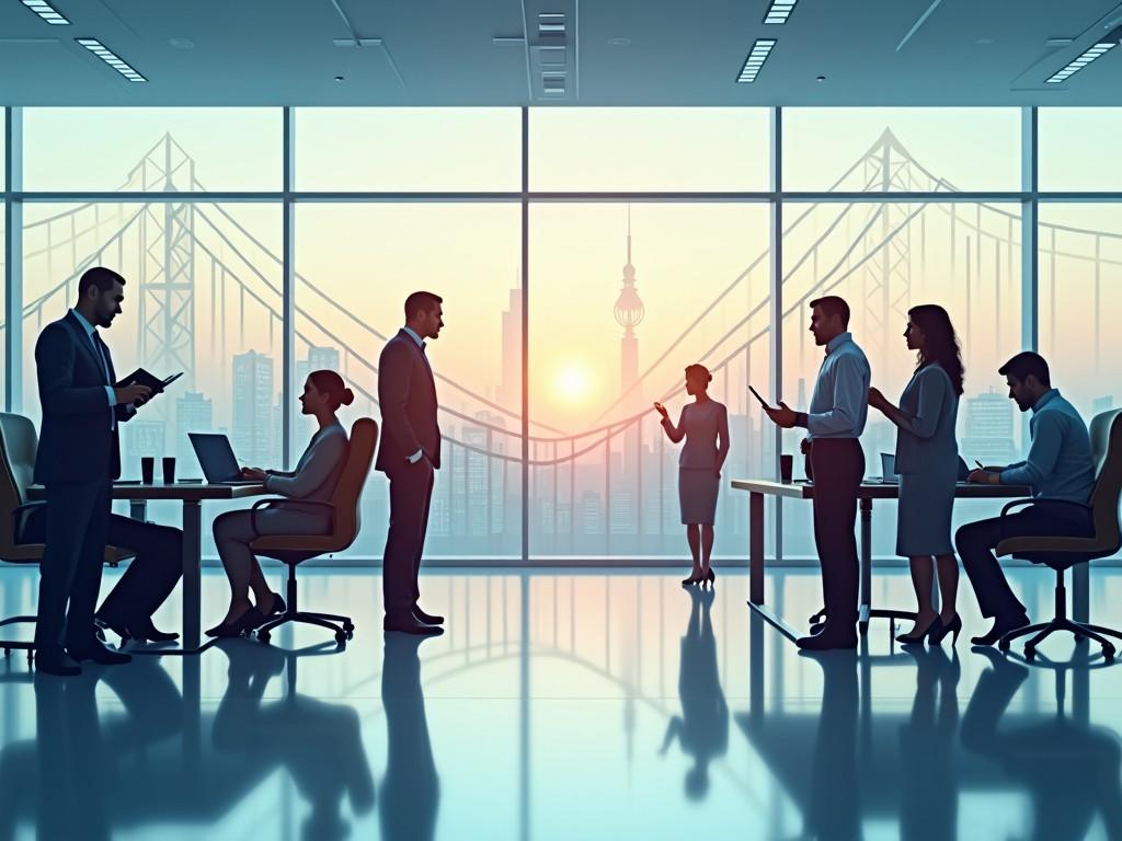 The image depicts a group of business professionals engaged in discussions against a backdrop of a city skyline during sunset. The scene showcases silhouettes of individuals in an office setting, suggesting a collaborative work environment. Large glass windows expose the beautiful colors of the sky, blending warm oranges and cool blues. Some individuals are standing in conversation, while others are seated, indicating a sense of teamwork and interaction. The city’s architectural skyline adds an urban feel, further enhancing the corporate atmosphere.