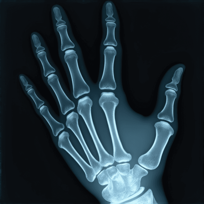 An X-ray image of a human hand showing detailed skeletal bones against a dark background.