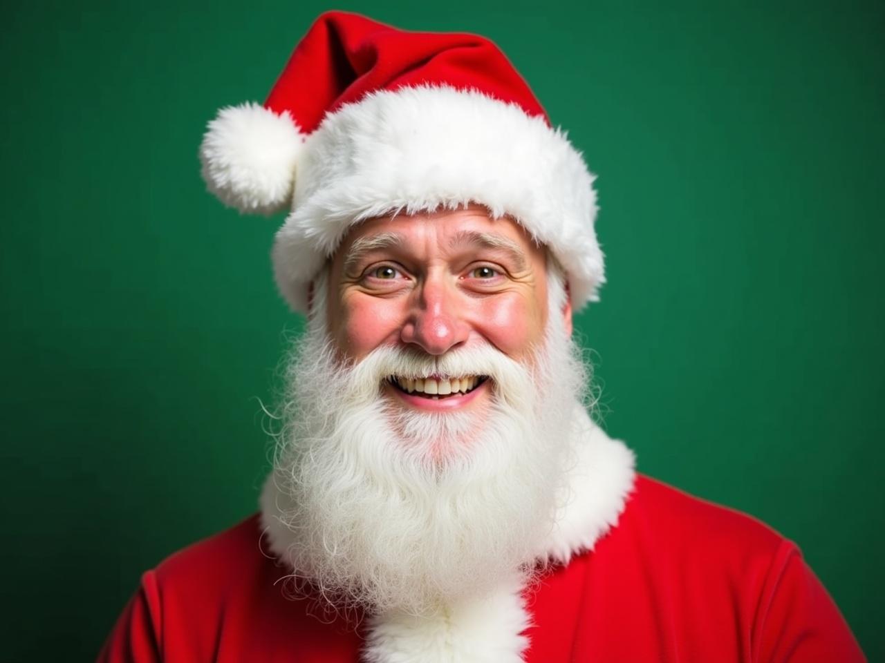 In this image, the man is transformed to look like Santa Claus. He has a classic Santa hat perched on his head, bright red with a fluffy white pom-pom. His shirt is changed to a traditional red Santa suit with white fur trim. His face sports a full, bushy white beard that enhances the jolly appearance. Additionally, he has rosy cheeks and a cheerful smile, embodying the spirit of Christmas. The green background suggests a festive outdoor setting, perfect for Santa's appearance.