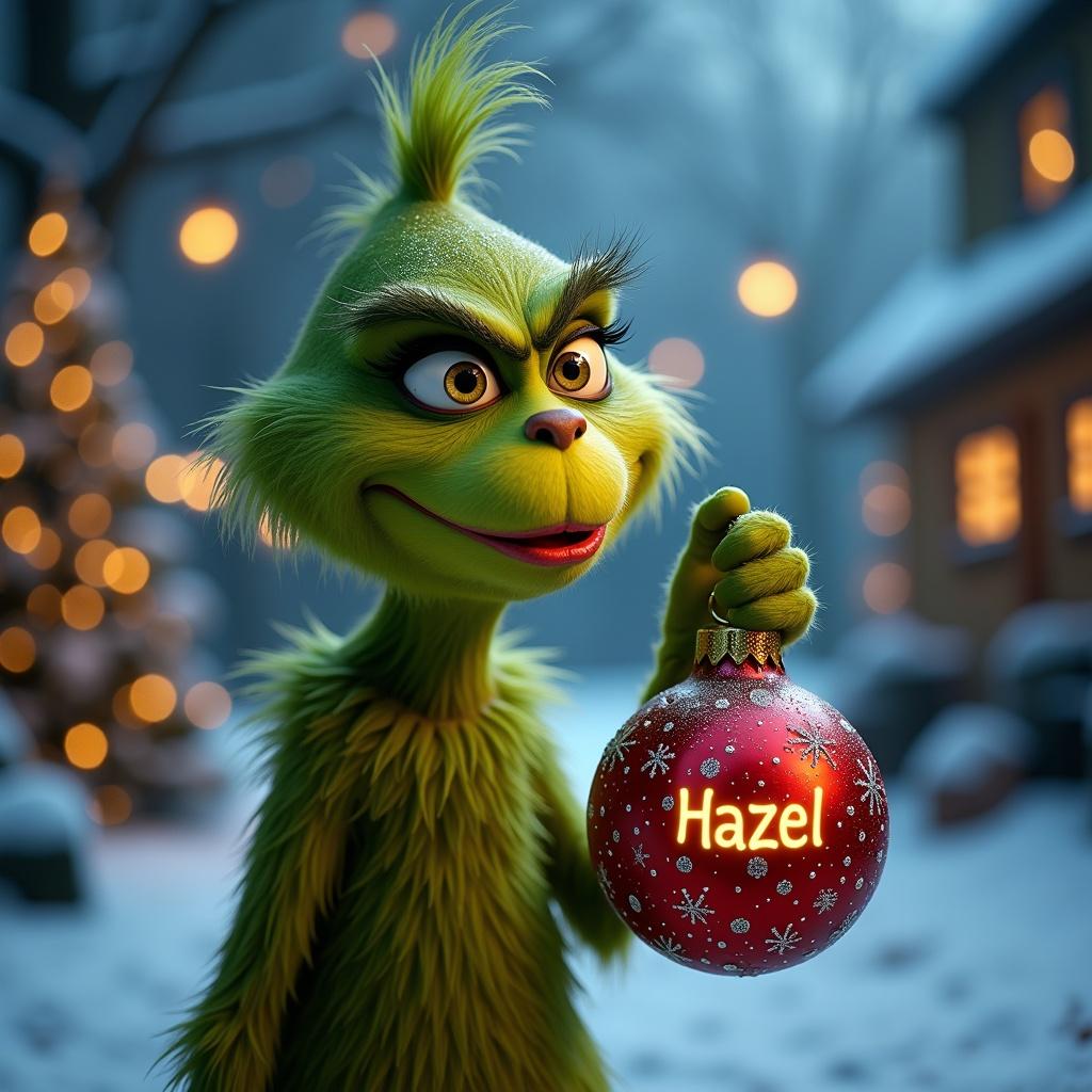 Grinch character holding a Christmas bauble. Bauble has the name Hazel. Background shows snow and Christmas lights.