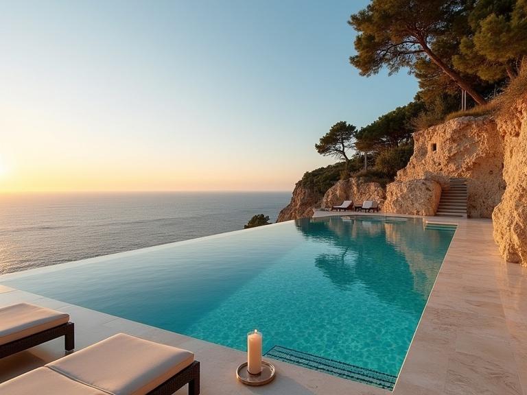 Luxury infinity pool built into a coastal cliff. Beautiful sunset scene with golden light reflecting on the water. Elegant cream marble flooring around the pool. Lounge area features plush beige cushions. Candle holder placed near the pool edge. Cliffs and pine trees offer natural shade. Glass-walled villa situated in the background. A perfect example of luxury Mediterranean lifestyle.