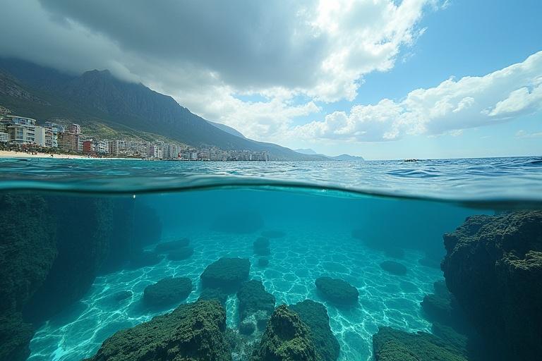 Image depicts underwater scenery with rock formations and clear turquoise water. Coastal city is visible in the background above the water surface. Bright daylight enhances the view.