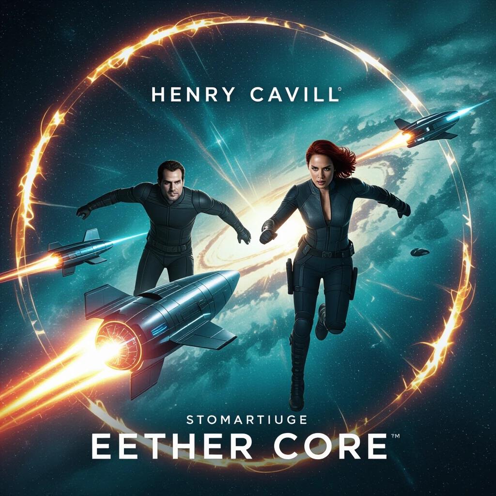 AETHER CORE cast includes Henry Cavill and Zoe Saldaña. Characters race to retrieve a stolen quantum engine from a rogue planet. Visual depicts space jets racing through wormhole rings amid energy storms. The lighting features a bright teal nebula flair and vivid energy pulses. The tone conveys an epic space adventure with elements of technology and magic.