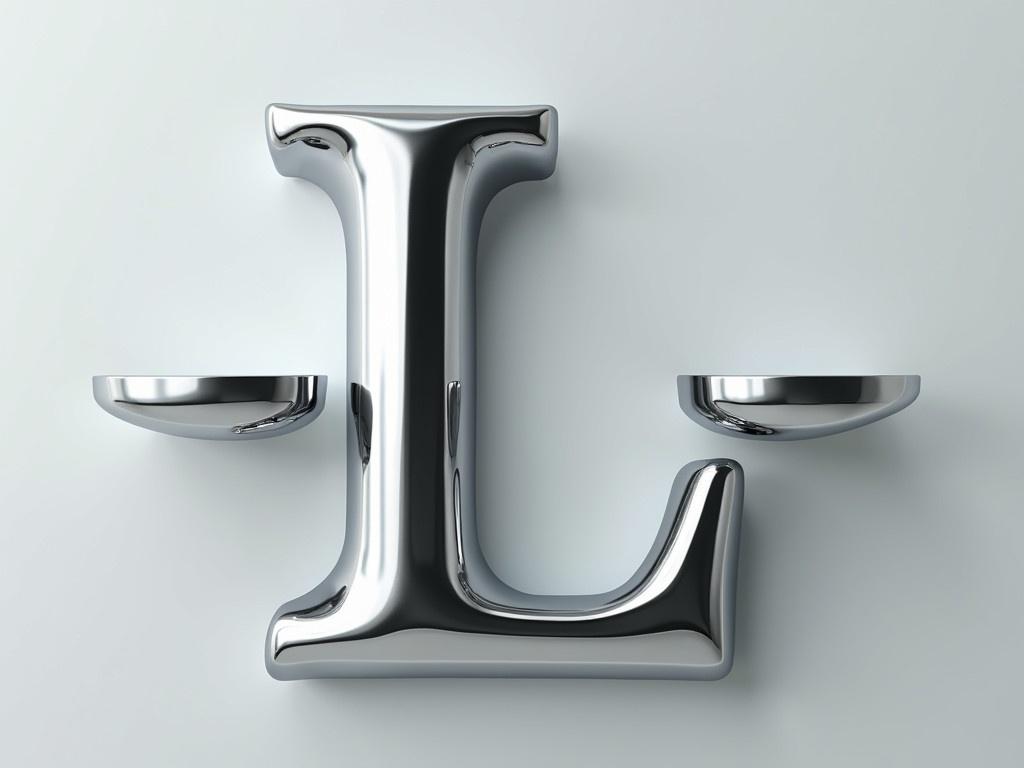 The letter 'L' in the logo should have softened edges, making it appear smoother and more inviting. The chrome metallic texture should be realistic, capturing light and reflections as it would in a shiny metal finish. Additionally, incorporate a metaphor with a scale, perhaps integrating elements that suggest balance and measurement. This could include symbols like a traditional weighing scale subtly in the background, integrating harmoniously with the letter. The overall look should evoke a sense of professionalism and clarity, as if the logo is assessing and analyzing growth.