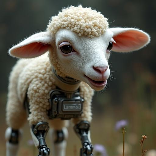 Crying cyborg lamb with mechanical parts. Metal plate labeled Lammas 2.0 on side. Focus on emotion and robotics. Soft background.
