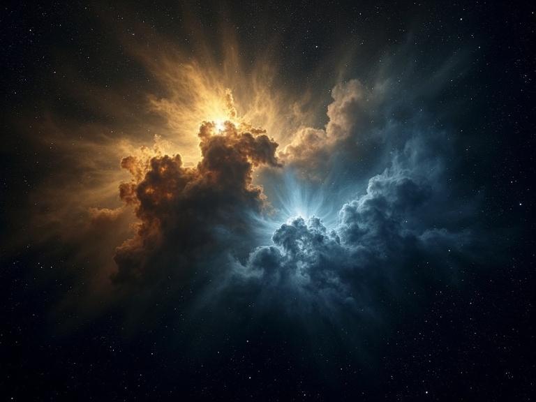 Photograph of a nebula in space with high detail. Background filled with stars and dark black space. Upper nebula cloud is yellow with wispy texture. Lower nebula cloud is blue with darker areas. Both clouds have intricate structures. Bright stars scattered throughout. Cosmic scene with rich colors and high contrast. Deep space atmosphere, scientific discovery, high resolution, outer space view.