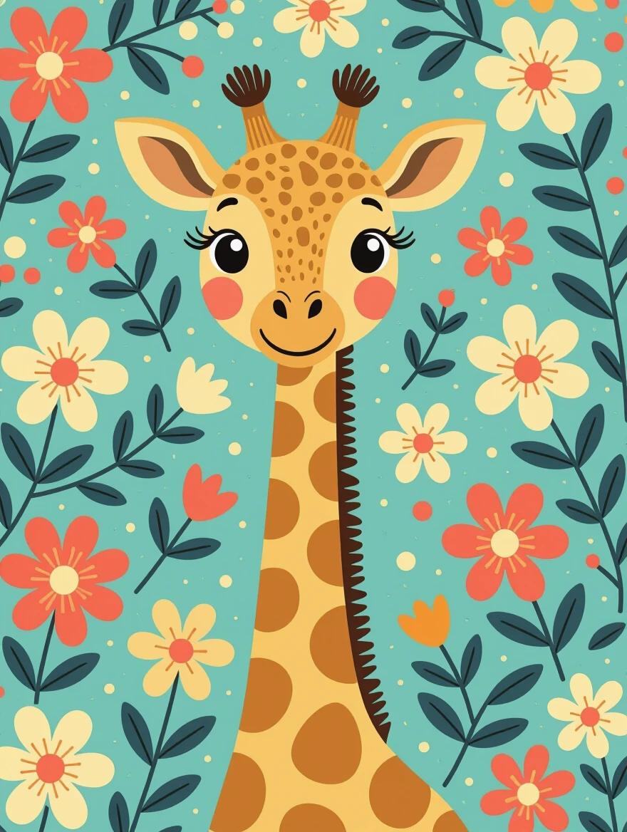 Illustration of a cute giraffe with an outlined floral background. Giraffe has large eyes and a friendly smile. Background features colorful flowers and foliage. Cartoon style with vibrant colors and simple shapes.