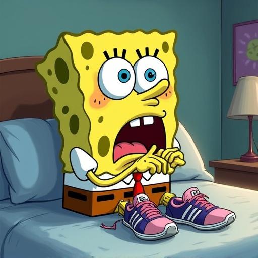 Spongebob is sitting on his bed with a sad expression holding his favorite torn sneakers. Voiceover says, Oh my God, my favorite sneaker tore.
