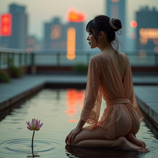Korean masseuse in silk robe kneels by rooftop pond. City skyline blurs in background. Fingers trace water surface. Lotus bud trembles in stillness. Half-lit face with closed eyes. Tension in posture. Evening light reflects on water.