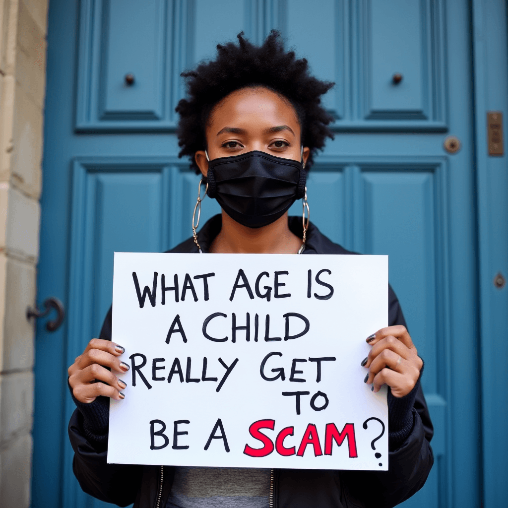 A person wearing a mask holds a sign questioning the notion of childhood innocence in front of a blue door.