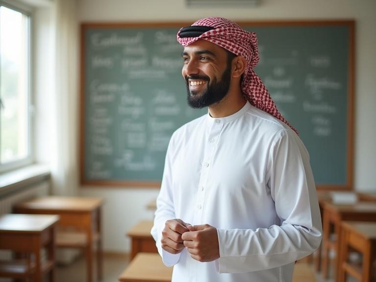 A male teacher stands confidently in a bright classroom. Wearing traditional white dishdasha and a patterned turban. Natural light fills the room. Classroom has wooden desks and a chalkboard. The teacher appears approachable and professional.