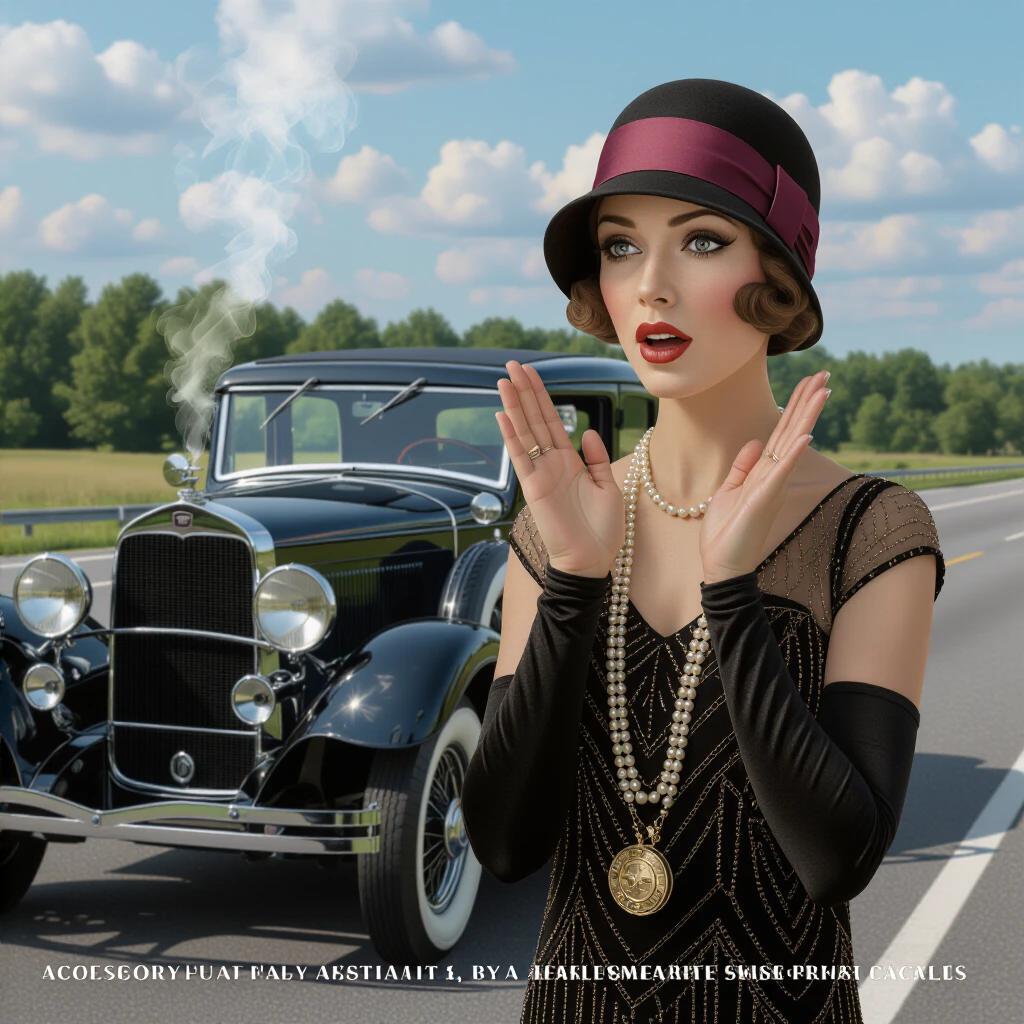 Photorealistic scene set in 1928 featuring a fashionably dressed socialite with palms raised in confusion at a vintage car's engine. The background highlights a classic Mercedes-Benz, with a beaded purse and accessories scattered around, capturing a moment of comedic absurdity.