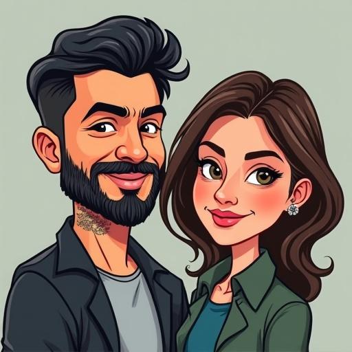 Create a cartoon-style image for a WhatsApp profile picture featuring three characters. On the right is Juan with a smile, a tattooed left arm, a goatee, and black hair. On the left is Laura with ash-colored hair, a smile, and light skin. In the middle is Leonela with copper hair, a kind expression, and transparent frame glasses. Show them united as a great work team.