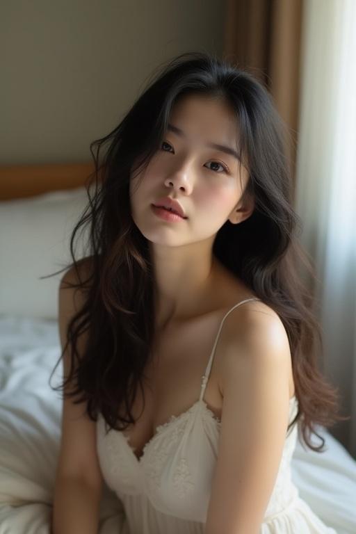 Asian woman with long messy hair poses on a bed wearing a nightgown. Soft natural light filters into the room creating an intimate and serene setting.