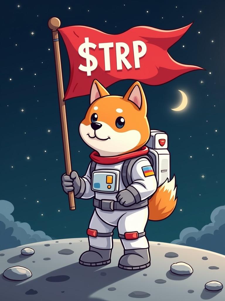 An animated cartoon features a shiba dog as an astronaut. The dog wears an astronaut suit with a logo $TRP. It stands proudly on the moon holding a red flag stating $TRP. The background shows a dark night sky scattered with stars and a moon.